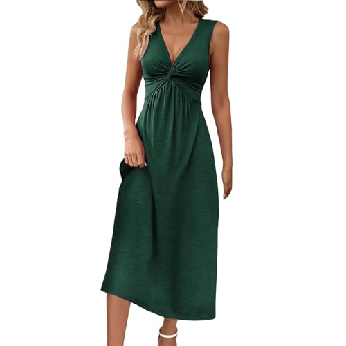 Oyuchga Sommerkleid Damen Vintage Einfarbig Twist Deisgn Shirtkleid Tief V-Ausschnitt Ärmellos Lockere Blusenkleid Freizeitkleid Leicht und Luftig Midikleid Club Party Wickelkleider(B GN1,XXL) von Oyuchga