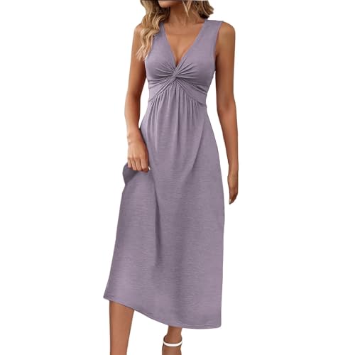 Oyuchga Sommerkleid Damen Vintage Einfarbig Twist Deisgn Shirtkleid Tief V-Ausschnitt Ärmellos Lockere Blusenkleid Freizeitkleid Leicht und Luftig Midikleid Club Party Wickelkleider(B Lila,M) von Oyuchga
