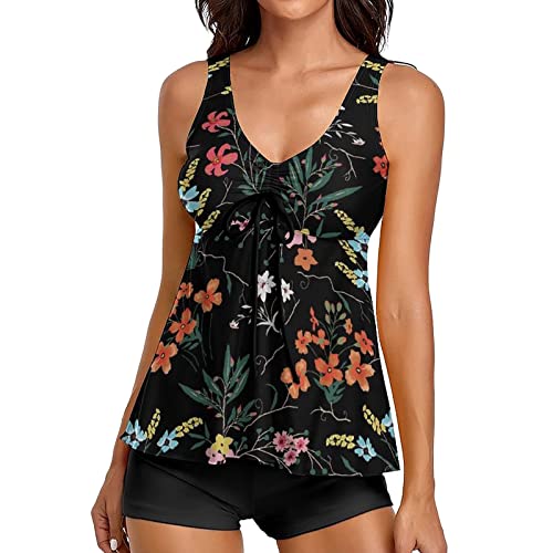 Oyuchga Tankini Damen Set Vintage Blumen Drucken Zweiteiler Badeanzug V-Ausschnitt mit Kordelzug Bauchweg Bademode Set Push Up Oberteil mit Badeshorts Swimsuit Strandmode(C Schwarz,M) von Oyuchga
