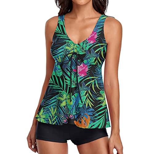 Oyuchga Tankini Damen Set Vintage Blumen Drucken Zweiteiler Badeanzug V-Ausschnitt mit Kordelzug Bauchweg Bademode Set Push Up Oberteil mit Badeshorts Swimsuit Strandmode(E Grün,M) von Oyuchga