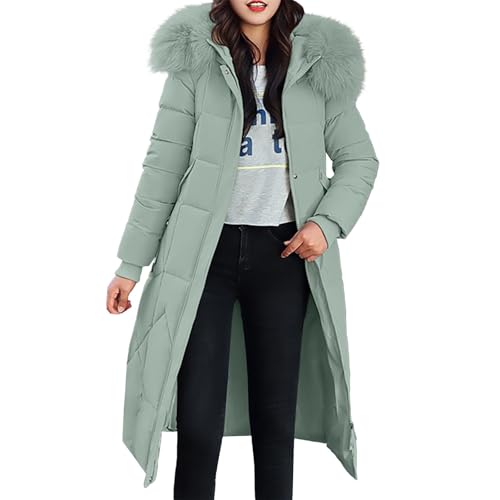 Oyuchga Winterjacke Damen Lange Wintermantel Winter Dicke Warme Kapuzenjacke Mittellange Steppjacke Elegant Einfarbig Übergangsjacke Winddicht Warm Steppmantel Outdoorjacke mit Taschen(A Grün,XL) von Oyuchga