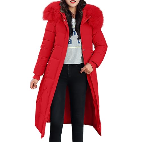 Oyuchga Winterjacke Damen Lange Wintermantel Winter Dicke Warme Kapuzenjacke Mittellange Steppjacke Elegant Einfarbig Übergangsjacke Winddicht Warm Steppmantel Outdoorjacke mit Taschen(A Rot,3XL) von Oyuchga