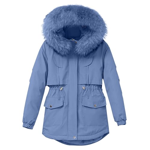 Oyuchga Winterjacke Damen Winter Langarm Elegant Steppmantel Warmer Lange Baumwolljacke Wintermantel Mit Fellkapuze Große Größen Kuschelig Winterparka Outdoor Mäntel Mit Reißverschluss(B Blau,XXL) von Oyuchga