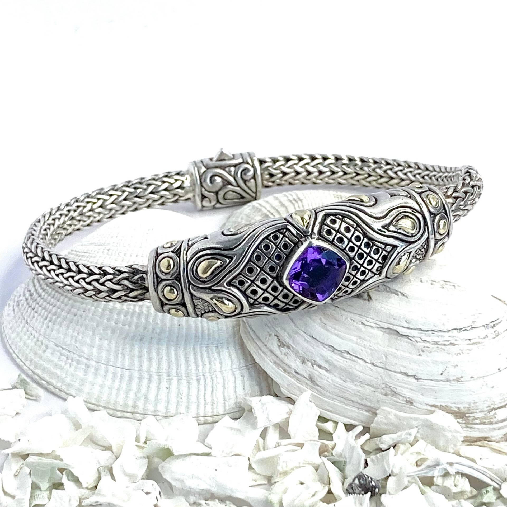 Handgemachtes Sterling Silber Amethyst Armband Honeycomb Carved Design Handgemachtes Sterling Silber Amethyst Armband Honeycomb Carved Design von Ozaydesigns
