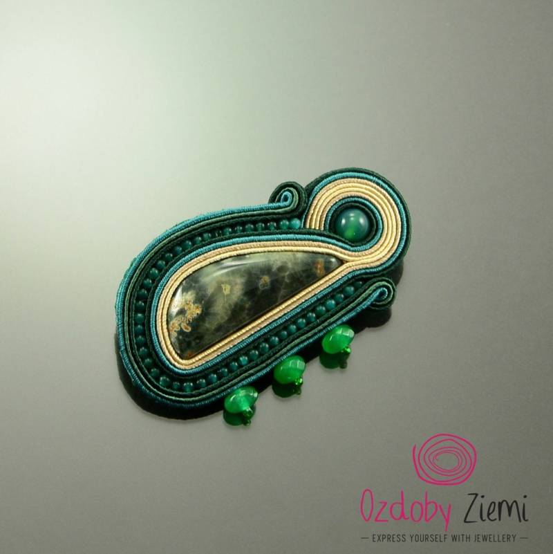 Brosche Grün Beige, Soutache Grün, Jaspis, Einzigartige Smaragd Brosche, Edelstein Luxus Schmuck, Ausgefallene von OzdobyZiemi