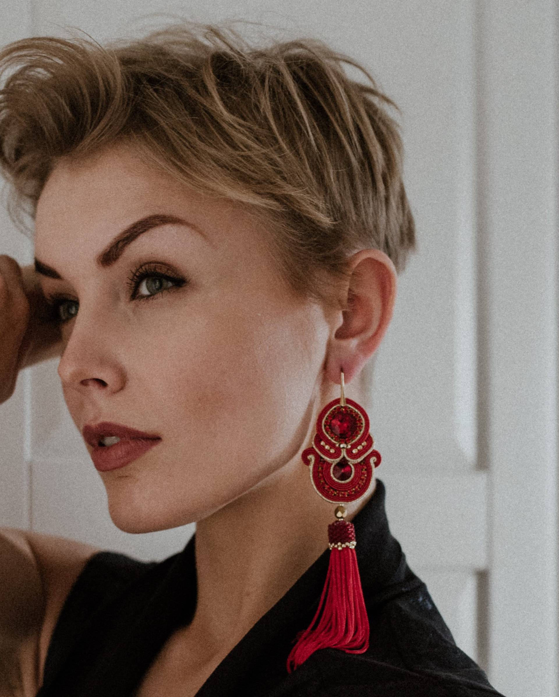 Lange Rot Und Gold Quasten Ohrringe, Große Rote Soutache Rotgold Baumeln Boho Einzigartige Fransen Ohrringe von OzdobyZiemi