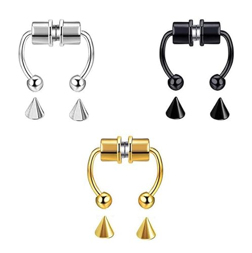 Ozmw 3 Stücke Magnetischer Septum Nasenring, Hufeisenring für Damen Mann, Wiederverwendbar(Schwarz, gold, silber) von Ozmw