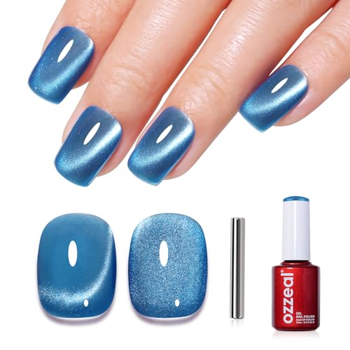 Ozzeal Cat Eye UV Gel Nagellack, 15ML Helles Blau Magnetischer Katzenauge UV Nagellack Frühling Sommer Glitter Holographisch Shimmer Soak Off Led Gel Nail Polish von Ozzeal