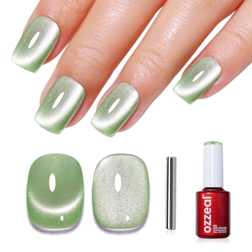 Ozzeal Cat Eye UV Gel Nagellack, 15ML Frühlings Grün Magnetischer Katzenauge UV Nagellack Frühling Sommer Glitter Holographisch Shimmer Soak Off Led Gel Nail Polish von Ozzeal
