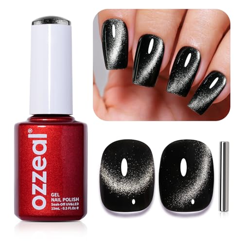 Ozzeal Schwarz Katzenauge Gel Nagellack,15ML Schwarz Magnetisch UV Nagellack Black Cat Eye Gel Nail Polish, Holographisch Shimmer - Soak Off UV Led von Ozzeal