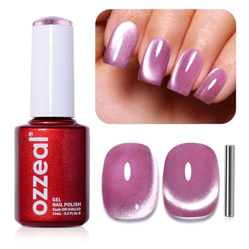 Ozzeal Cat Eye UV Gel Nagellack, 15ML Hell Rosa Magnetischer Katzenauge UV Nagellack Frühling Sommer Glitter Gel Nagellack Holographisch Shimmer Gel Nail Polish Soak Off UV Led von Ozzeal