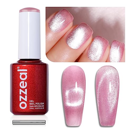 Ozzeal Cat Eye UV Gel Nagellack, 15ML Rosa Crystal Magnetischer Katzenauge UV Nagellack Frühling Sommer Glitter Gel Nagellack Holographisch Shimmer Gel Nail Polish Soak Off UV Led von Ozzeal