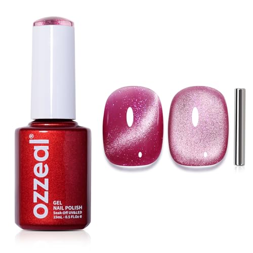 Ozzeal Cat Eye UV Gel Nagellack, 15ML Rosa Schillernd Magnetischer Katzenauge UV Nagellack Frühling Sommer Glitter Holographisch Shimmer Gel Nail Polish Soak Off UV Led von Ozzeal