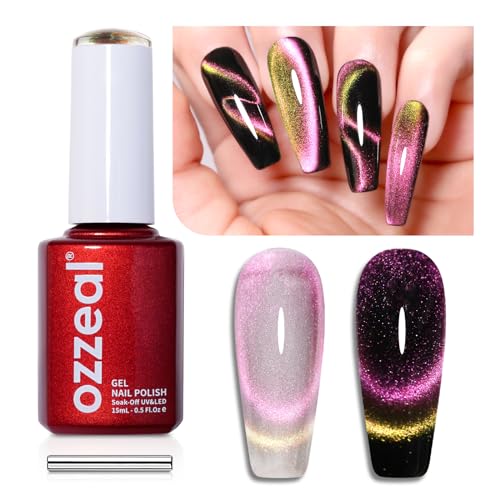 Ozzeal Cat Eye UV Gel Nagellack, 15ML Rosa und Orange Magnetischer Katzenauge UV Nagellack Frühling Sommer Glitter Gel Nagellack Holographisch Shimmer Gel Nail Polish Soak Off UV Led von Ozzeal