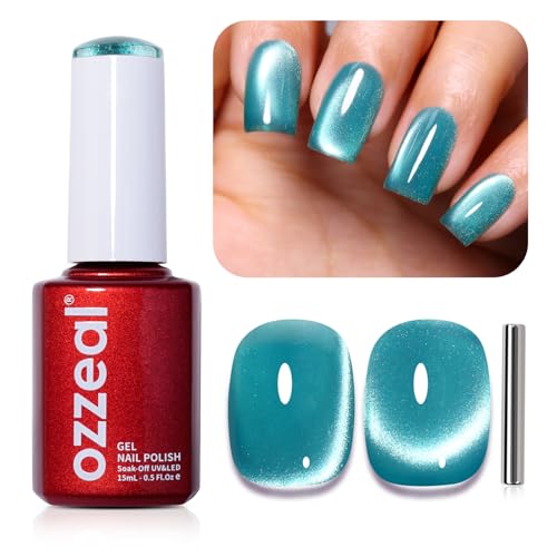 Ozzeal Cat Eye UV Gel Nagellack, 15ML Türkis Blau Magnetischer Katzenauge UV Nagellack Frühling Sommer Glitter Gel Nagellack Holographisch Shimmer Gel Nail Polish Soak Off UV Led von Ozzeal