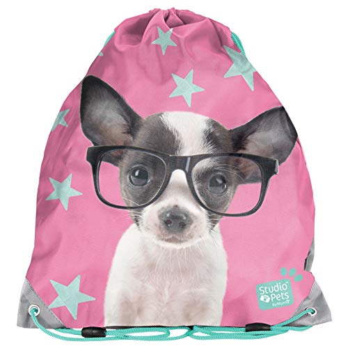 KINDER TURNBEUTEL / SPORTBEUTEL 36x32 cm - STUDIO PETS - HÜNDCHEN MIT BRILLE - ROSA / TÜRKIS von P A S O