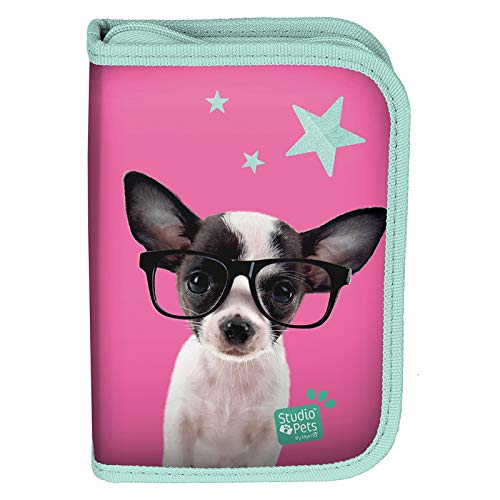 Kinder FEDERTASCHE 22-TEILIG - Studio Pets - Hund MIT Brille - ROSA/GRÜN von P A S O