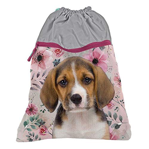 PREMIUM KINDER TURNBEUTEL/SPORTBEUTEL 43x34 cm - HUND MIT BLUMEN - PINK/GRAU von P A S O