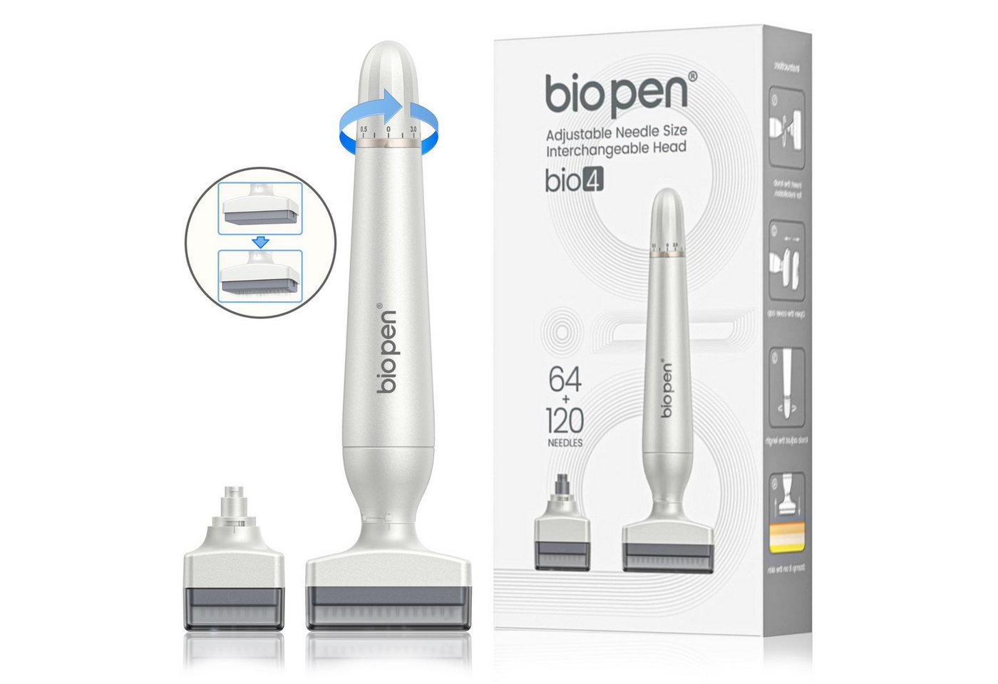 P-Beauty Cosmetic Accessories Dermaroller Derma Stamp Bio Pen 4 Dermapen 2 Aufsätze Edelstahl Nadeln 0-3mm, 1-tlg., Derma Stamp, Dermapen, Meso, Microneedling von P-Beauty Cosmetic Accessories