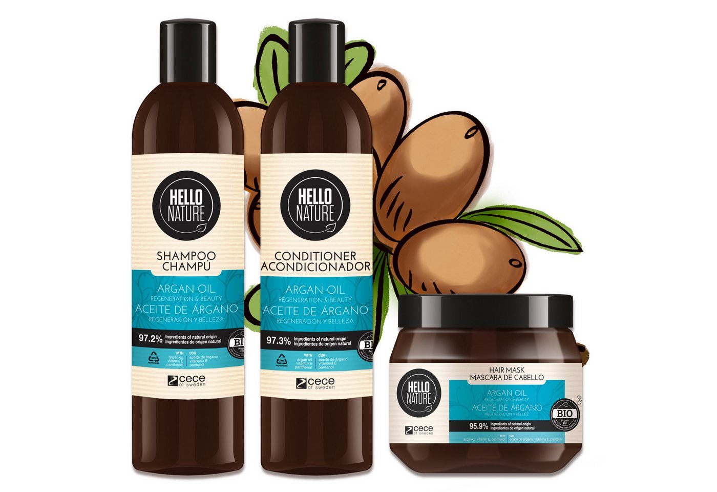 P-Beauty Cosmetic Accessories Haarpflege-Set Haar Shampoo Conditioner Set Haarmaske mit Arganöl Hello Nature, Haarpflege, Shampoo, Haarmaske, Haarspülung, Arganöl von P-Beauty Cosmetic Accessories