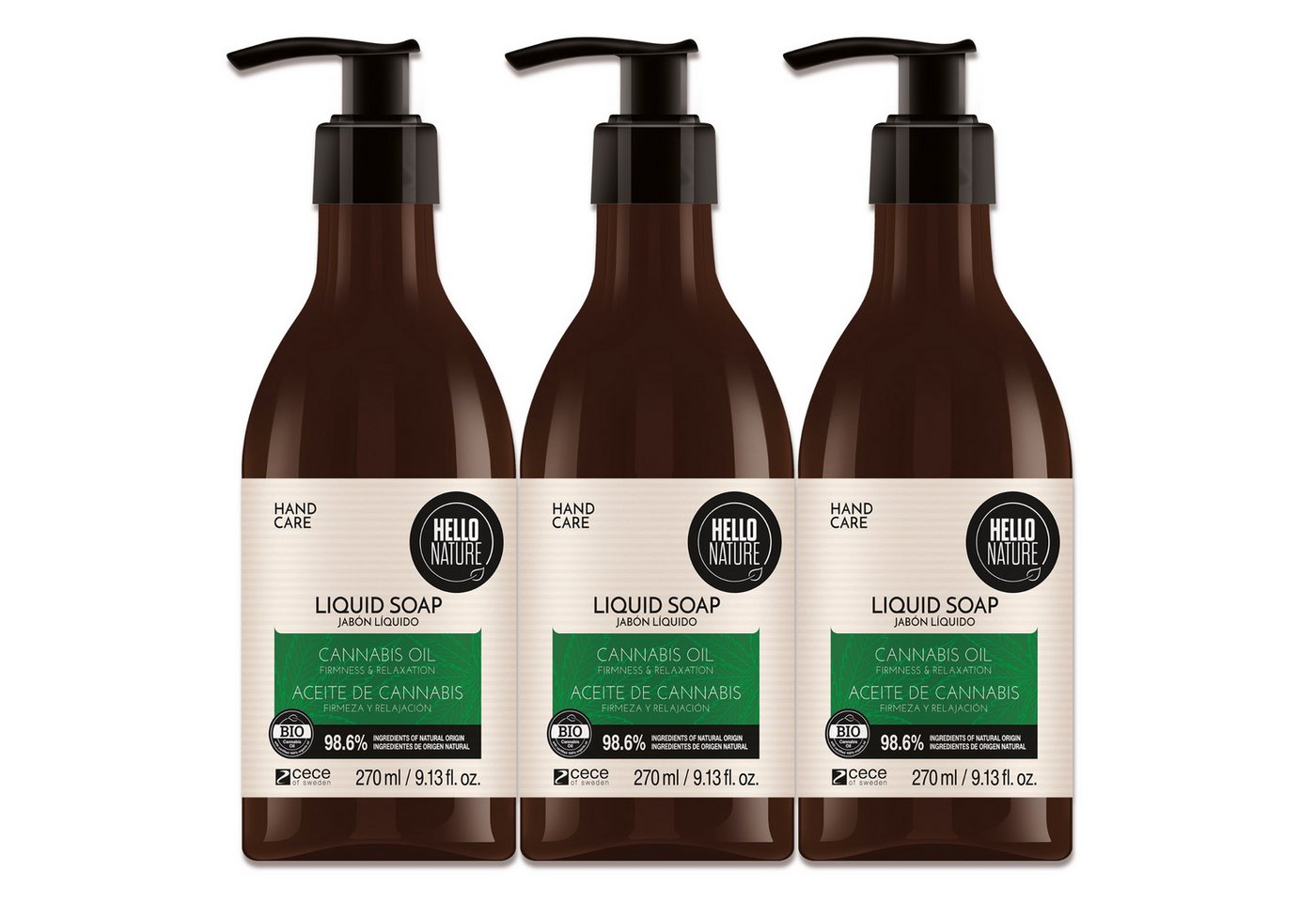 P-Beauty Cosmetic Accessories Handseife Flüssigseife Naturseife Schaumseife Duschgel mit Hanföl Hello Nature, 3-tlg., Handseife, Handpflege, Canabis, Hello Nature von P-Beauty Cosmetic Accessories