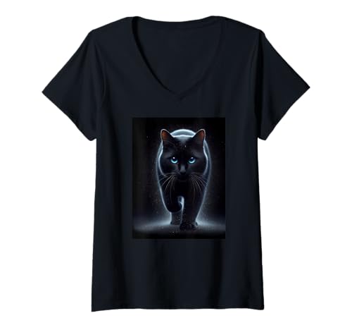 Damen Black Cat Walking: Blaue Augen. Katzen. T-Shirt mit V-Ausschnitt von P&L Originals