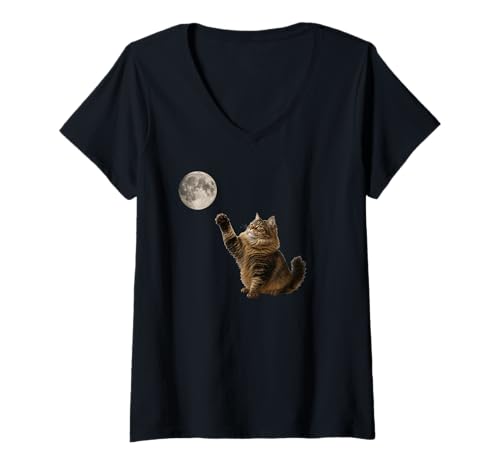 Damen Cat Series Cat Reaching for The Moon T-Shirt mit V-Ausschnitt von P&L Originals