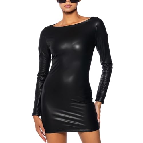 P&R DANCEWEAR LTD Damen Wetlook Langarm PU Damen Bodycon Midi Kunstleder Minikleid - Perfekt für jeden Anlass - Einfaches & Stilvolles Kleid Schwarz, Schwarz , M-L Kurz von P&R DANCEWEAR LTD