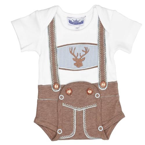 Baby Body mit kurzem Arm im Lederhosenlook mit Hosenträger & Hirsch-Stickerei von P.Eisenherz