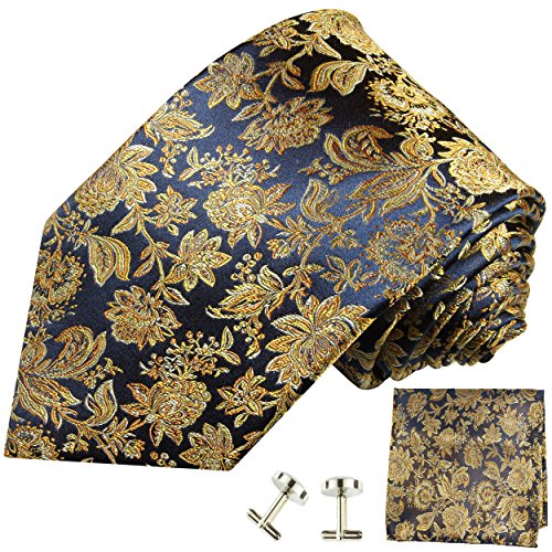 Paul Malone Herren Krawatte blau gold floral Set 3tlg - 100% Seide - Goldene Seidenkrawatte mit Einstecktuch und Manschettenknöpfe von P. M. Krawatten