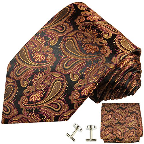 Paul Malone Herren Krawatte braun schwarz paisley Set 3tlg - 100% Seide - Braune Seidenkrawatte mit Einstecktuch und Manschettenknöpfe von P. M. Krawatten