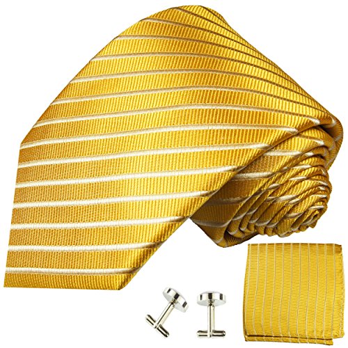 Paul Malone Herren Krawatte gold gestreift Set 3tlg - 100% Seide - Goldene Seidenkrawatte mit Einstecktuch und Manschettenknöpfe von P. M. Krawatten