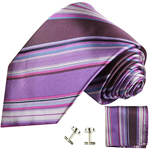 Paul Malone Herren Krawatte lila violett gestreift Set 3tlg - 100% Seide - Lila Seidenkrawatte mit Einstecktuch und Manschettenknöpfe von P. M. Krawatten