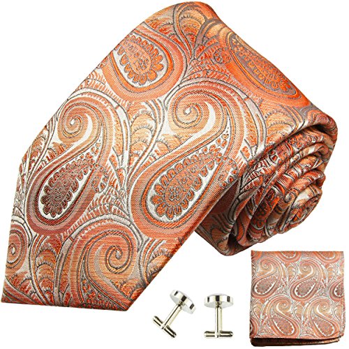 Paul Malone Herren Krawatte orange paisley Set 3tlg - 100% Seide - Orange Seidenkrawatte mit Einstecktuch und Manschettenknöpfe von P. M. Krawatten