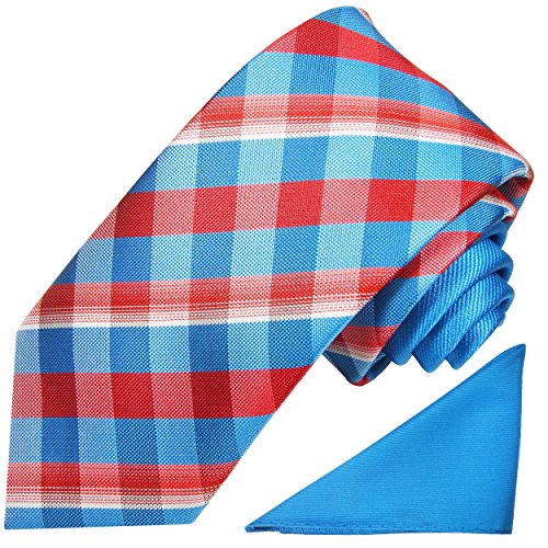 Paul Malone Kontrast Knoten Krawatten Set 2tlg modernes Design + Einstecktuch blau rot kariert von P. M. Krawatten