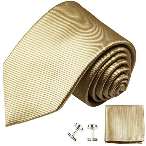 Paul Malone Krawatte schmal gold sandfarben Set 3tlg - 100% Seide - Schmale Krawatte 6cm mit Einstecktuch und Manschettenknöpfe von P. M. Krawatten