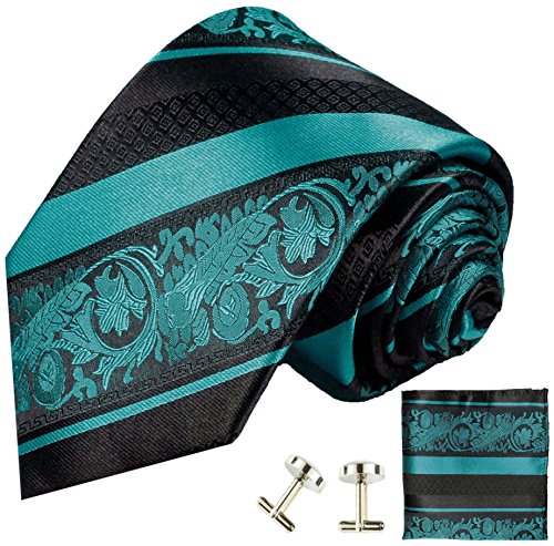 Paul Malone Krawatte schmal petrol blau schwarz barock gestreift Set 3tlg - 100% Seide - Schmale Krawatte 6cm mit Einstecktuch und Manschettenknöpfe von P. M. Krawatten
