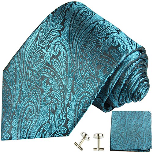 Paul Malone Krawatte schmal schwarz aqua blau Set 3tlg - 100% Seide - Schmale Krawatte 6cm mit Einstecktuch und Manschettenknöpfe von P. M. Krawatten