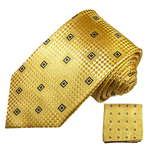 Paul Malone Seidenkrawatten Set 2tlg schmale 6cm Krawatte gold kariert + Einstecktuch (Normallange 150cm) von P. M. Krawatten
