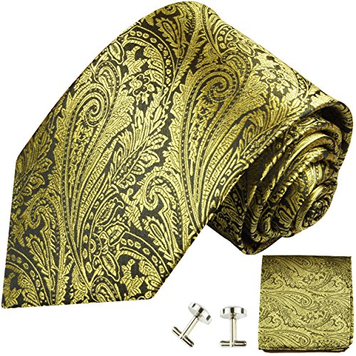 Paul Malone XL Krawatte gold schwarz floral Set 3tlg - 100% Seide - Extra lange Designer Krawatte mit Einstecktuch und Manschettenknöpfe von P. M. Krawatten