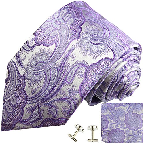 Paul Malone XL Krawatte lila violett silber paisley Set 3tlg - 100% Seide - Extra lange Designer Krawatte mit Einstecktuch und Manschettenknöpfe von P. M. Krawatten