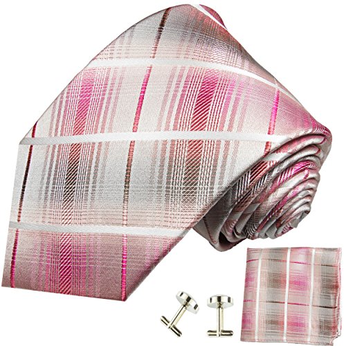 Paul Malone XL Krawatte pink gestreift Set 3tlg - 100% Seide - Extra lange Krawatte mit Einstecktuch und Manschettenknöpfe von P. M. Krawatten