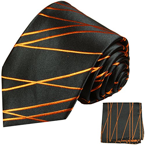 Schwarz oranges Krawatten Set 2tlg 100% Seidenkrawatte mit Einstecktuch von P. M. Krawatten