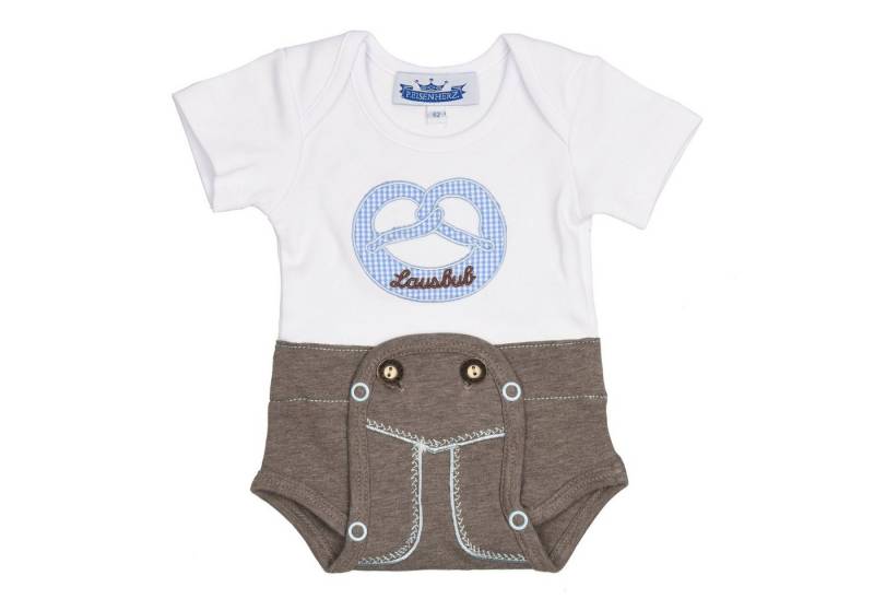 P.Eisenherz Kurzarmbody Body mit kurzem Arm "Lederhose" Stickerei Lausbub mit Stickerei Brezel und "Lausbub" von P.Eisenherz