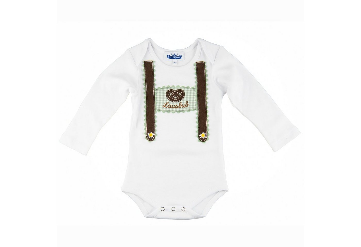 P.Eisenherz Langarmbody Langarmbody mit Hosenträgern und Stickerei Lausbub" Baby Body mit langem Arm und appliziertem Hosenträger" von P.Eisenherz