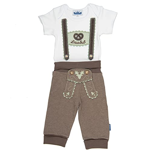 P.Eisenherz Trachten Set für Lausbuben im Geschenkkarton: Baby Body mit kurzem Arm und Applikation Hosenträger und Baby Jogginghose Lederhosen Look, braun/grün von P.Eisenherz