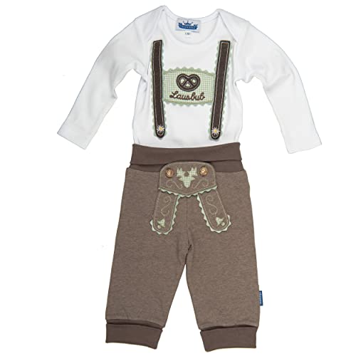 P.Eisenherz Trachten Set für Lausbuben im Geschenkkarton: Baby Body mit langem Arm und Applikation Hosenträger und Baby Jogginghose Lederhosen Look, braun/grün von P.Eisenherz