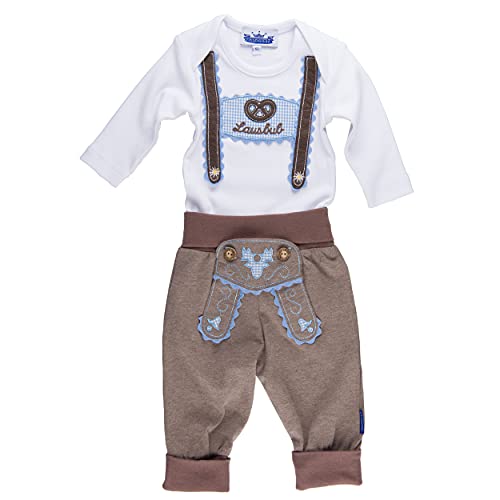 P.Eisenherz Trachten Set für Lausbuben im Geschenkkarton: Baby Body mit langem Arm und Applikation Hosenträger und Baby Jogginghose Lederhosen Look, braun (68) von P.Eisenherz