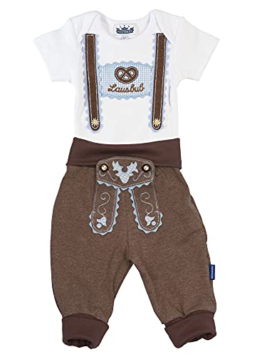 Trachten Set für Lausbuben in Größe 92, bestehend aus Baby Body mit kurzem Arm und Applikation Hosenträger und Baby Jogginghose Lederhosen Look, braun - EIN tolles Geschenk… von P.Eisenherz