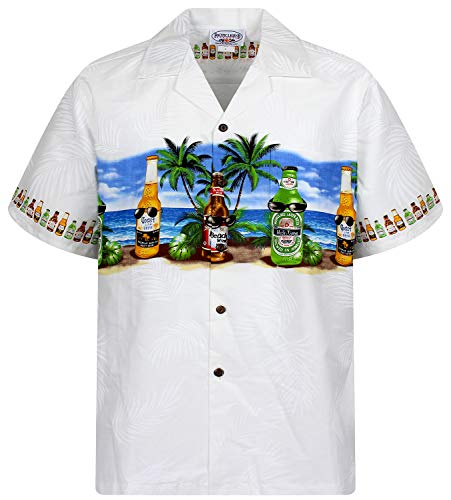 P.L.A. Pacific Legend Original Hawaiihemd, Kurzarm, Bierflaschen Corona Brustdruck, Weiß, 3XL von P.L.A.